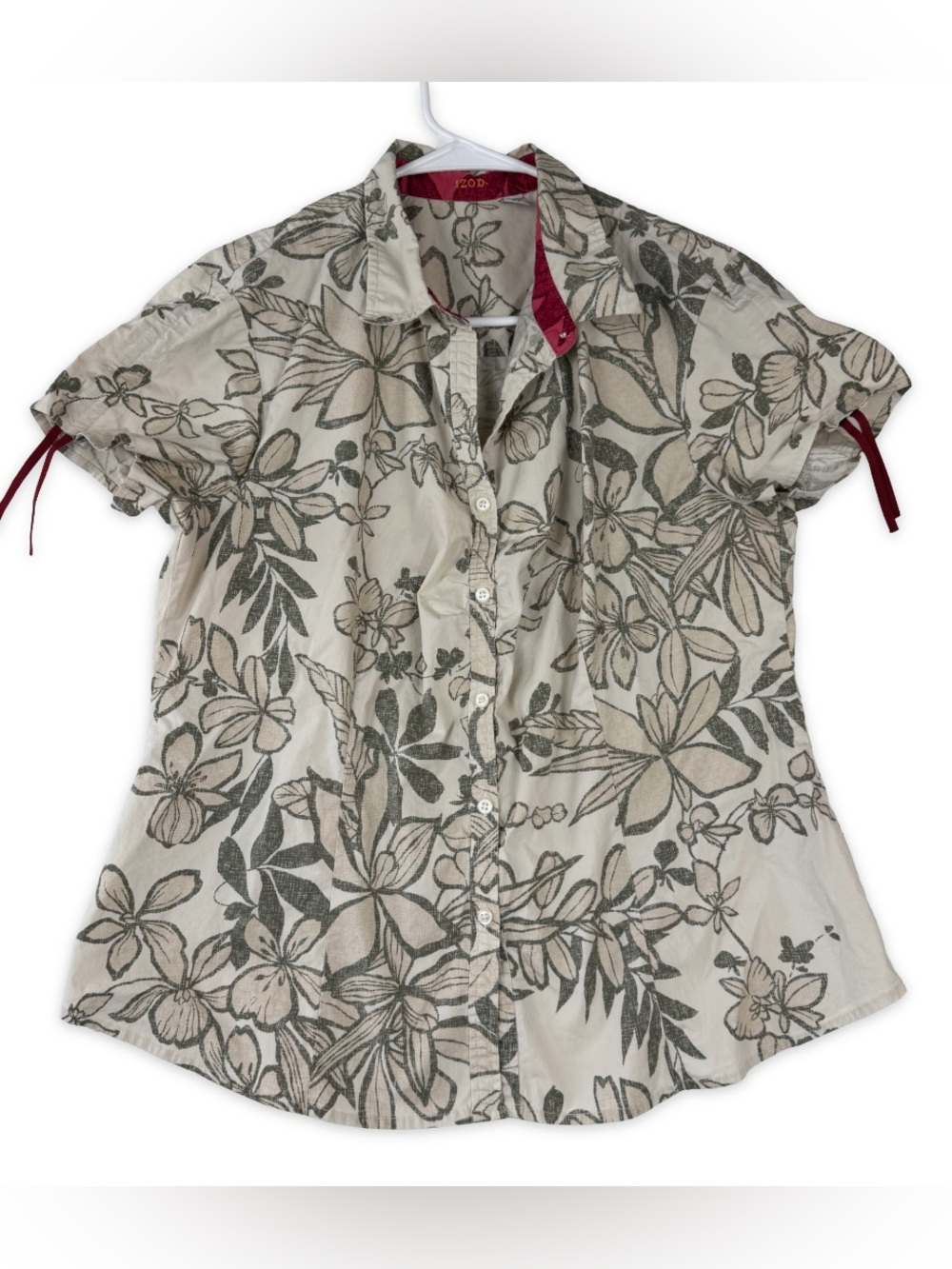 Izod Button Down Top Womens L Large Beige‎ Floral Short Sleeves Collared